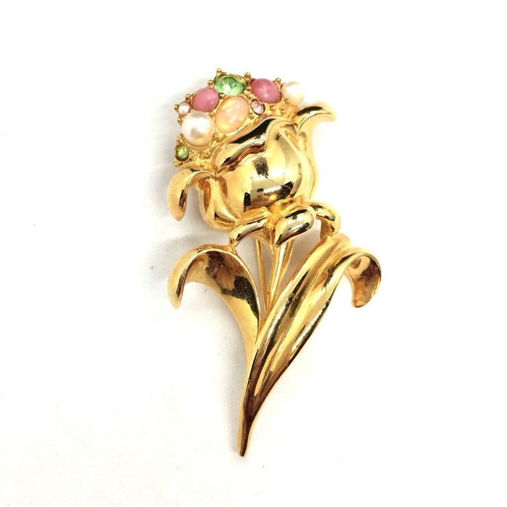 VINTAGE UNSIGNED GIVENCHY TULIP BROOCH PIN PEARL ART GLASS GOLD TONE RARE FLOWER